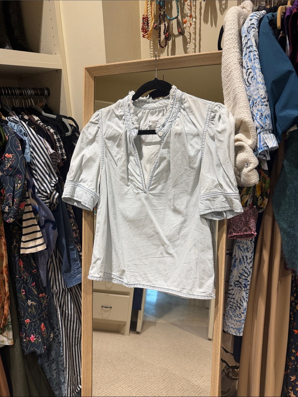 Frame Denim Light Blue Ruffled V-Neck Puff Sleeve Blouse
